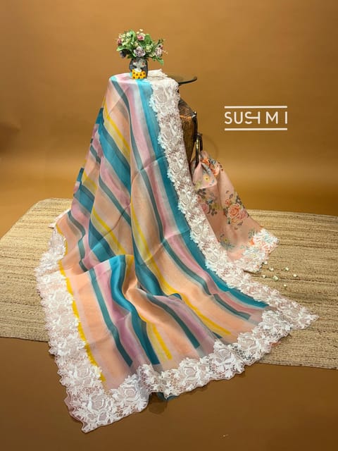 Pure Organza Multicolor Striped Saree with Chantilly Lace Inspired Embroidered Cutwork Border