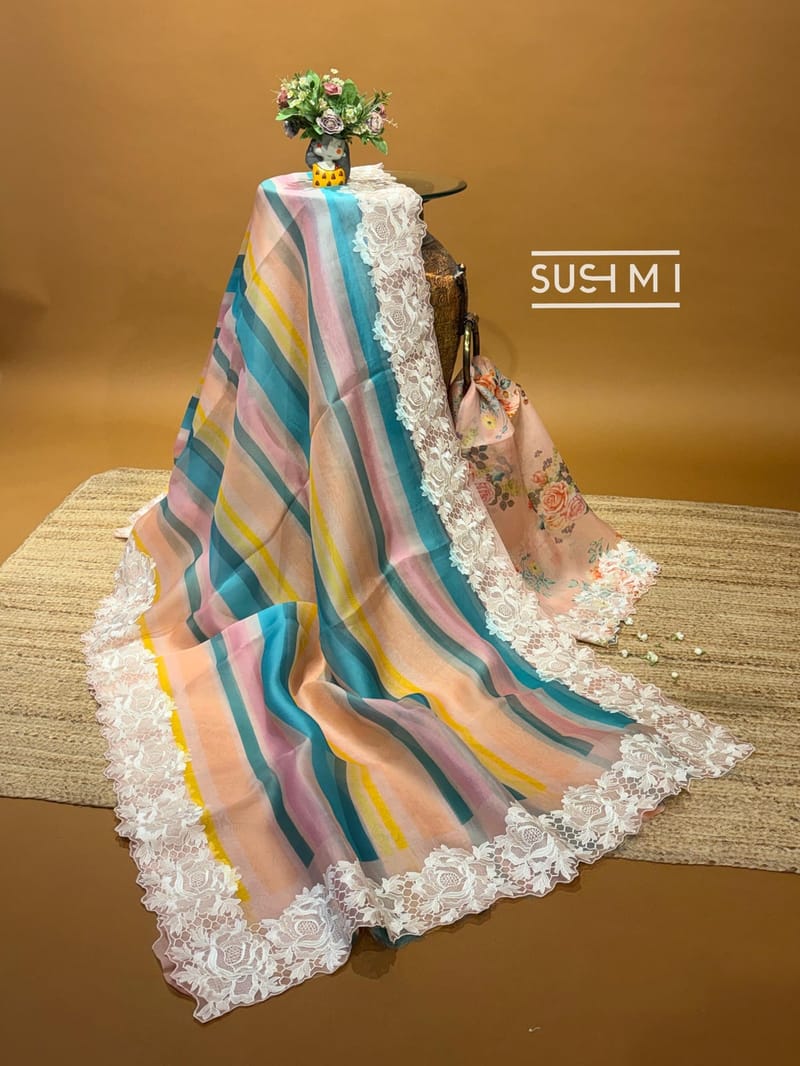 Pure Organza mulitcolor striped saree with chatilly lace inspired embroidered cutwork border 