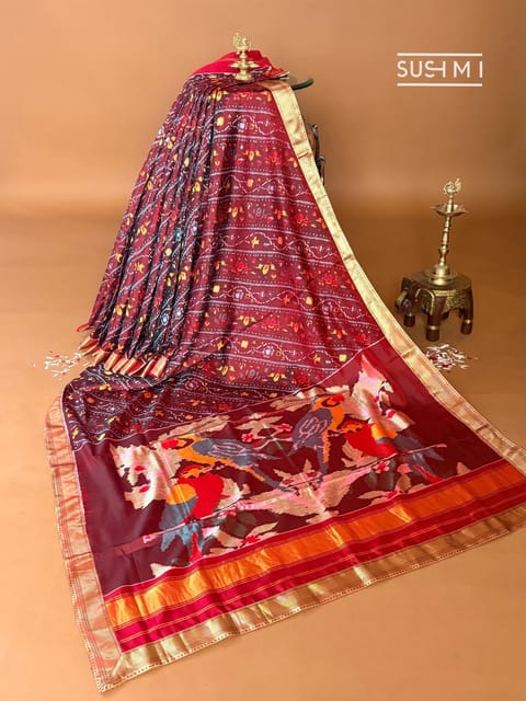 Burgundy Patan Patola Reversible Saree with Kanjeevaram Borders