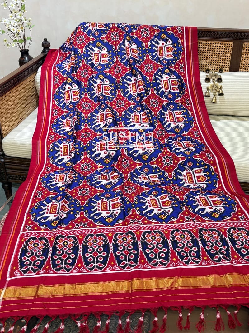 Pure handloom double ikkath dupatta with elephante design