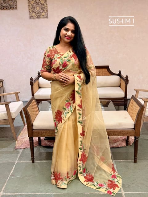 Champagne Gold Pure Organza Handwork Saree