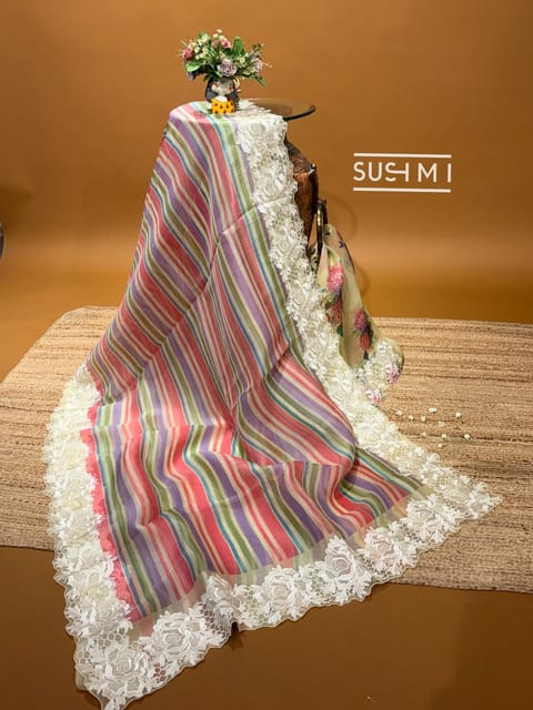 Pure Organza Multicolour Striped Saree with Chantilly Lace Inspired Embroidered Cutwork Border