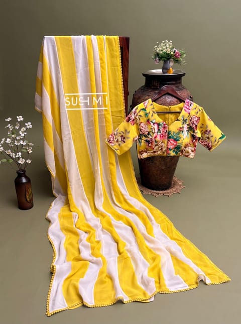 Pure Georgette Dual Colour Panelled Saree with Printed Ready to Wear Blouse