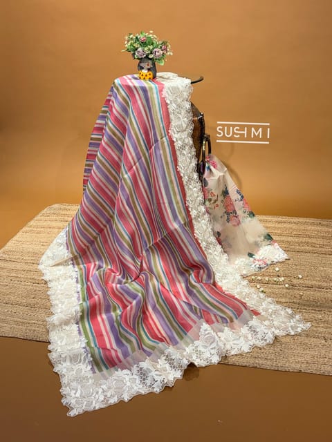 Multi-Colour Striped Organza Saree with Chantilly Border