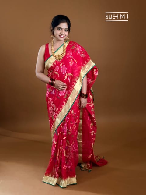 Red Pure Handloom Ponduru Khadi Allover Jamdani Weaving Saree