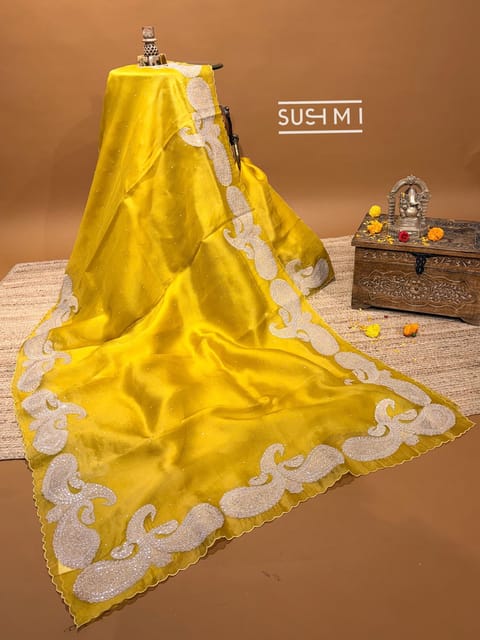 Lime Yellow Pure Organza Saree with Tissue Applique Work Paisley Border