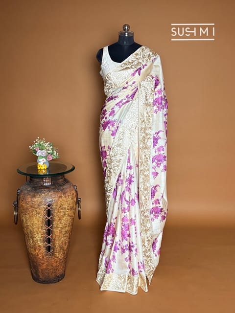Ivory Floral Printed Tussar Saree with Parsi Gara Embroidered Border