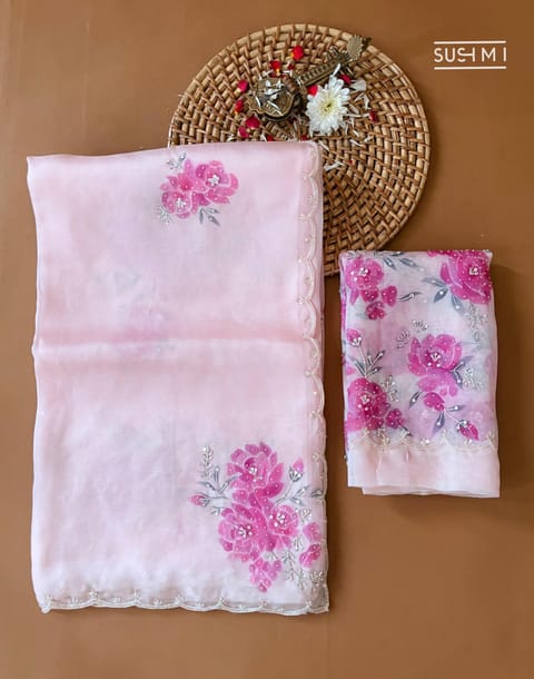 Peach Pink Pure Organza Saree with Handpaint and Handwork Highlighting