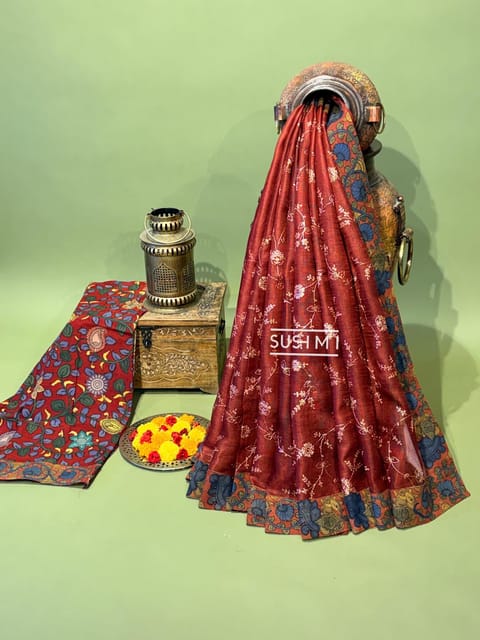 Reddish Maroon Silk Kota and Pen Kalamkari Fusion Saree