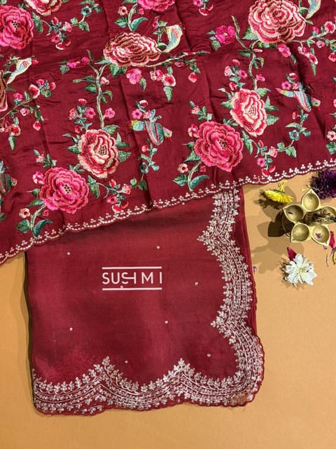 Burgundy Organza Saree with Scalloped Pita Embroidery and Heavy Embroidered Blouse