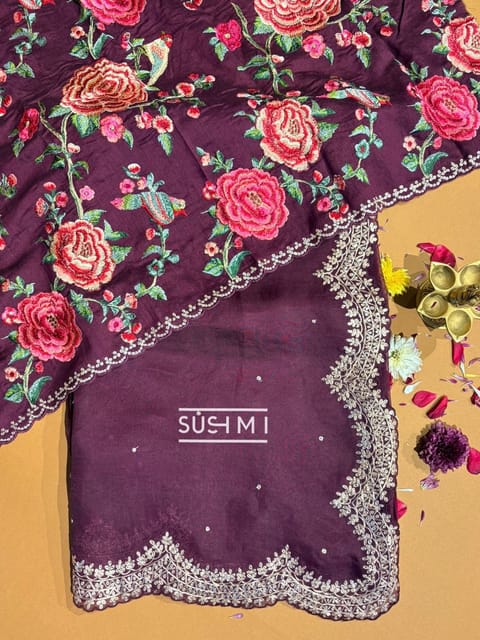 Wine Organza Saree with Scalloped Pita Embroidery and Heavy Embroidered Blouse