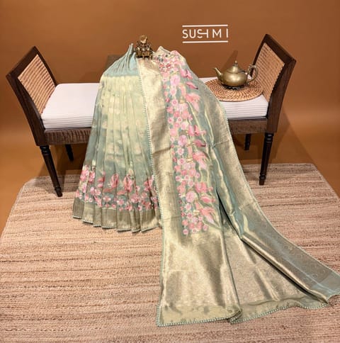 Mint Green Banarasi Tissue Saree with Parsi Gara Style Swan Embroidery