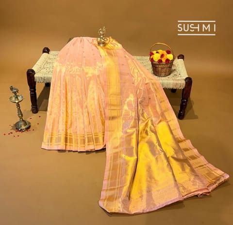 Peach Pure Handloom Gadwal Allover Tissue Saree with Paithani Border