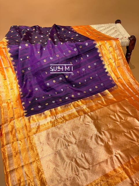 Brinjal Pure Handloom Gadwal Stripes Saree with Double Muniya Paithai Tissue Border