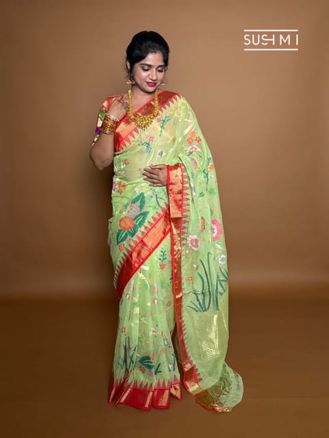 Seagreen Pure Handloom Ponduru Khadi Allover Jamdani Weaving Saree