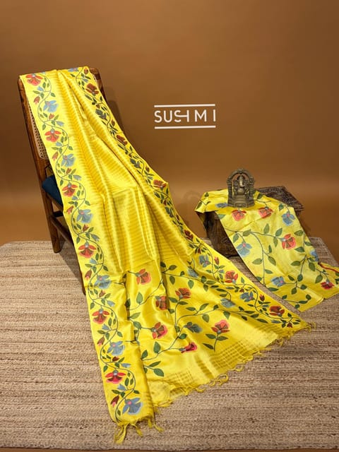 Lemon Yellow Pure Handloom Tussar Tissue Stripes Saree with Jamdani Inspired Embroidery