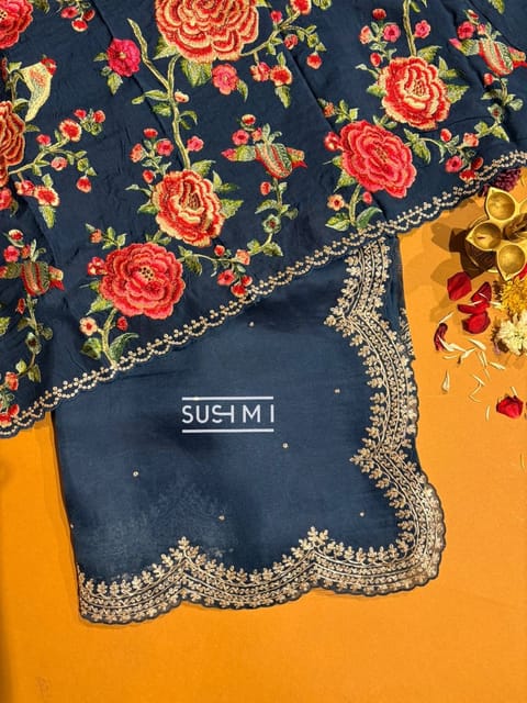 Peacock Blue Organza Saree with Scalloped Pita Embroidery and Heavy Embroidered Blouse