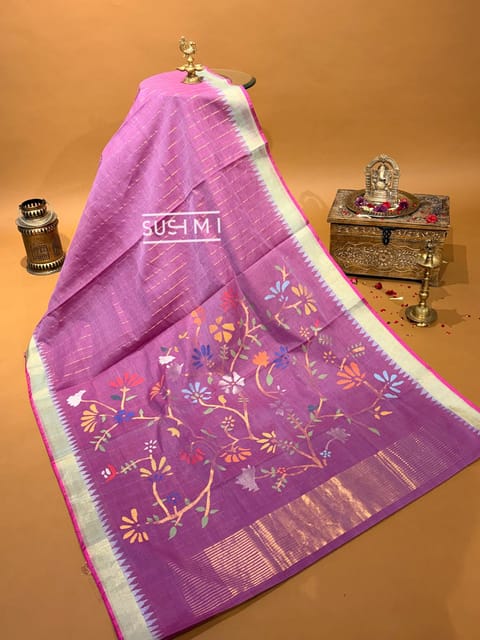 Mauve Pure Handloom and Handspun Ponduru Khadi Jamdani Saree