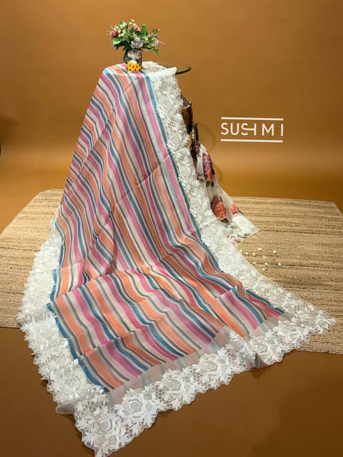 Pure Organza Multicolor Striped Saree with Chantilly Lace Inspired Embroidered Cutwork Border