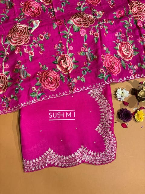 Pink Organza Saree with Scalloped Pita Embroidery and Heavy Embroidered Blouse