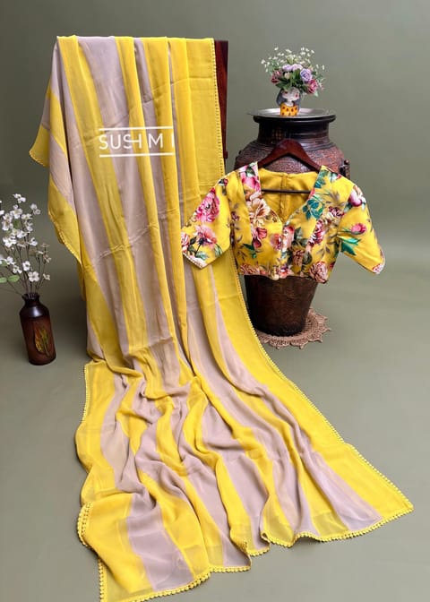 Pure Georgette Dual-Colour Panelled Saree with Printed Ready-To-Wear Blouse