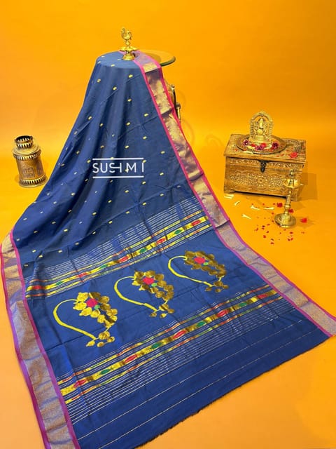Midnight Blue Pure Handloom Cotton Paithani Saree