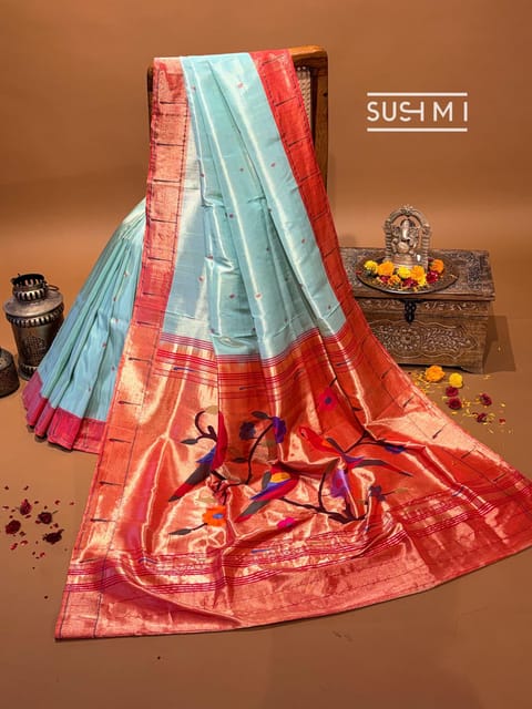 Mint Green Paithani Tissue Saree with Single Muniya Border