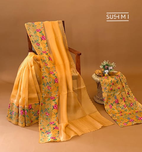 Mustardish Orange Organza with Petite Point Embroidery