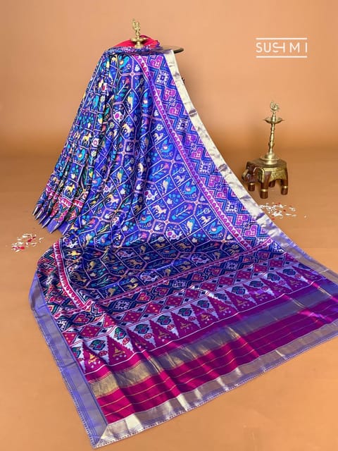 Blue 8-Figure Patan Patola Fusion Saree with Kanjeevaram Borders