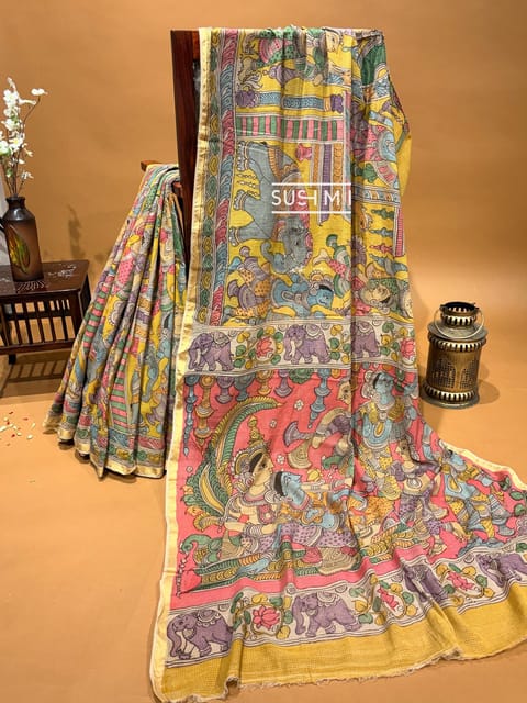 Kota Cotton Saree with Hand-Painted Pen Kalamkari