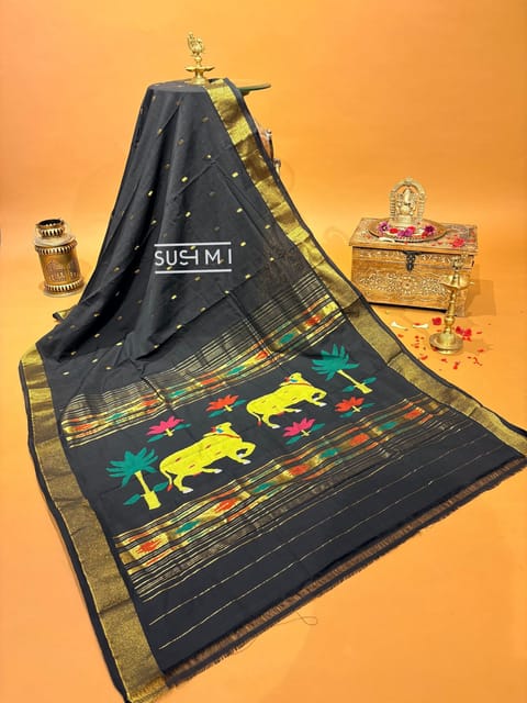 Black Pure Handloom Cotton Paithani Saree