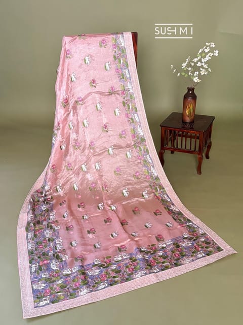 Peach Pink Handloom Kora Tissue Saree with Pond Theme Embroidery