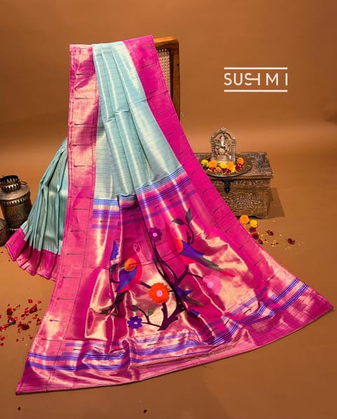 Pastel Blue Pure Handloom Paithani Tissue Stripes Saree with Single Muniya Border
