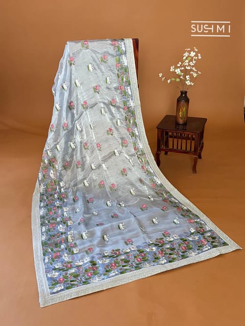 Evening Sky Blue Handloom Kora Tissue Saree with Pond Theme Embroidery