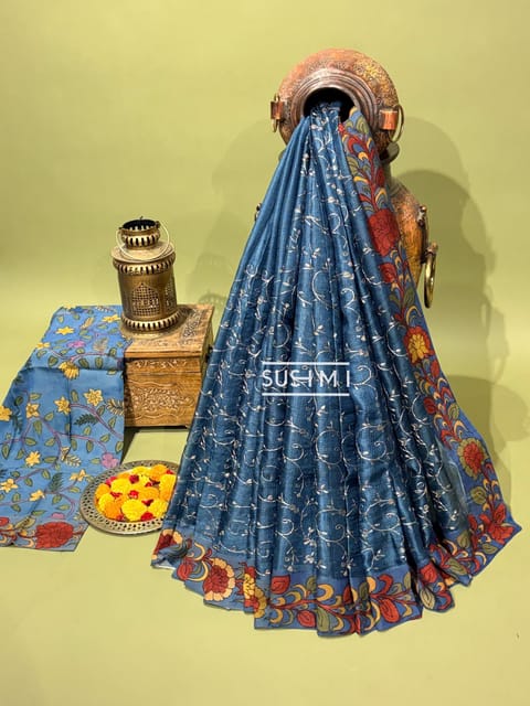 Denim Blue Silk Kota and Pen Kalamkari Saree