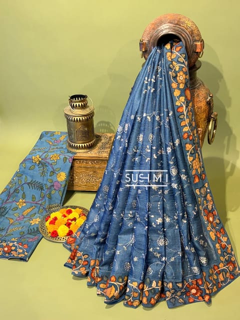 Dusty Blue Silk Kota and Pen Kalamkari Saree