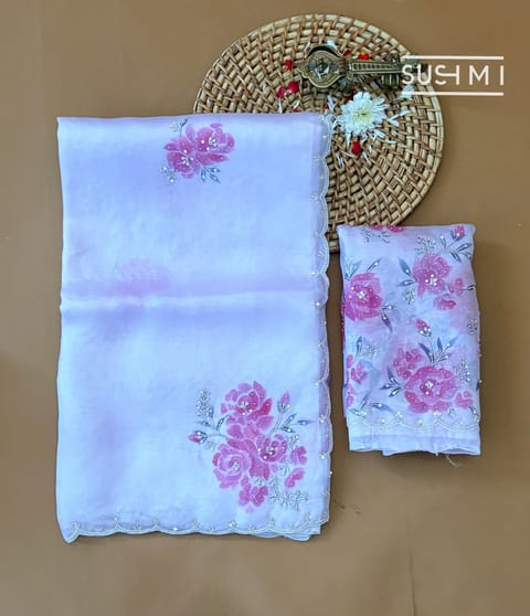 Light Lilac Pure Organza Saree with Hand-Paint and Handwork Highlighting