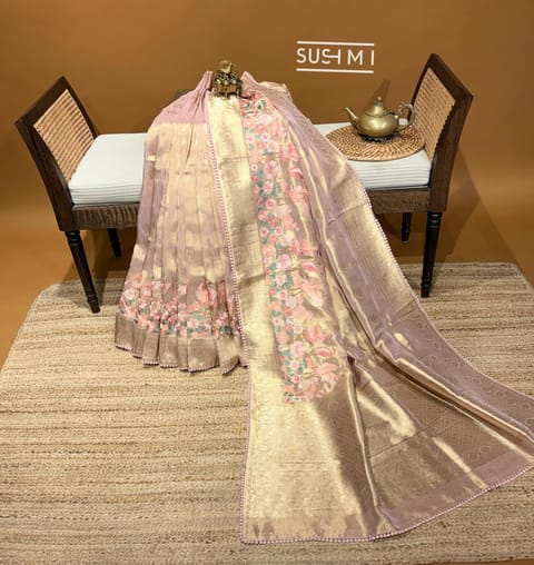 Peach Pink Banarasi Tissue Saree with Parsi Gara Style Swan Embroidery