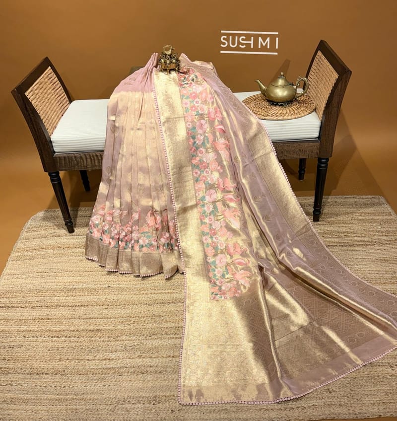 Peach Pink Banarasi Tissue Saree with parsi gara style swan embroidery 