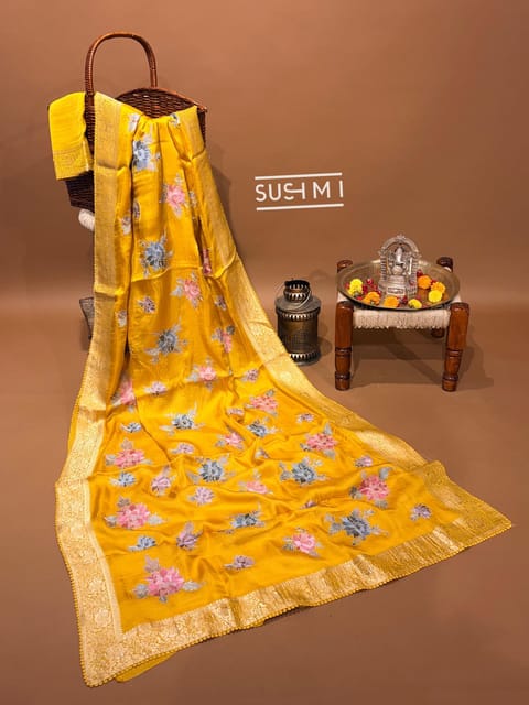 Haldi Yellow Mashru Banaras with Jamdani Inspired Embroidery