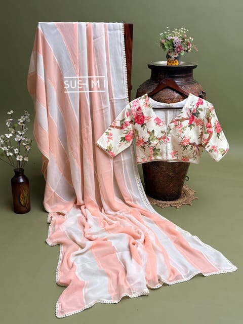 Pure Georgette Dual-Colour Panelled Saree with Printed Ready-To-Wear Blouse
