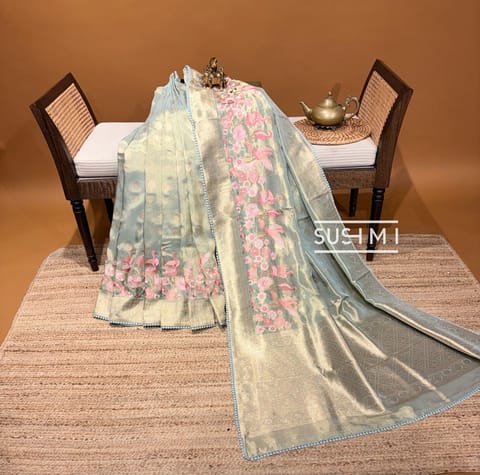 Mint Blue Banarasi Tissue Saree with Parsi Gara Style Swan Embroidery