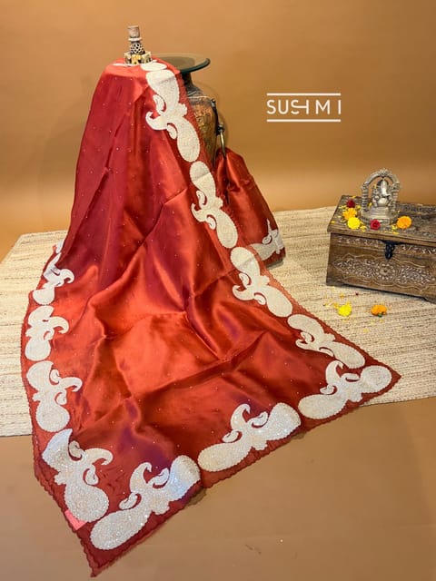 Brick Red Pure Organza Saree with Tissue Applique Work Paisley Border