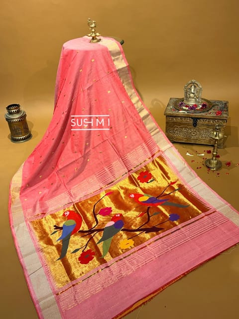 Coral Pure Handloom Cotton Paithani Saree