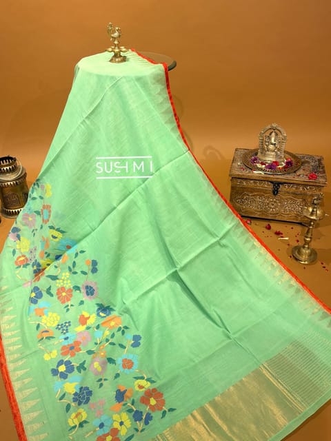 Mint Green Ponduru Khadi Jamdani Saree with Half All-Over Border