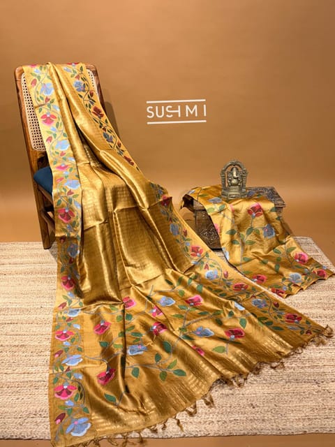 Mustardish Gold Pure Handloom Tussar Tissue Stripes Saree with Jamdani Inspired Embroidery