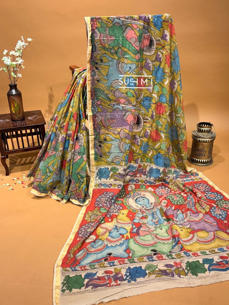 Cotton Kota saree with hand painted kalamkari 