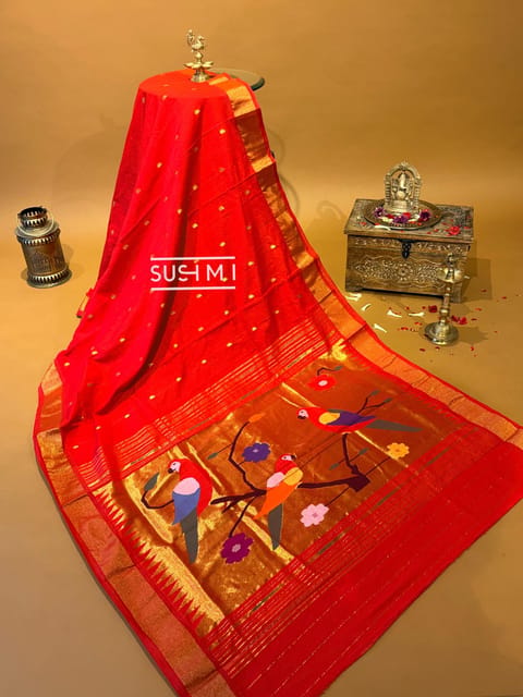 Chilli Red Pure Handloom Cotton Paithani Saree