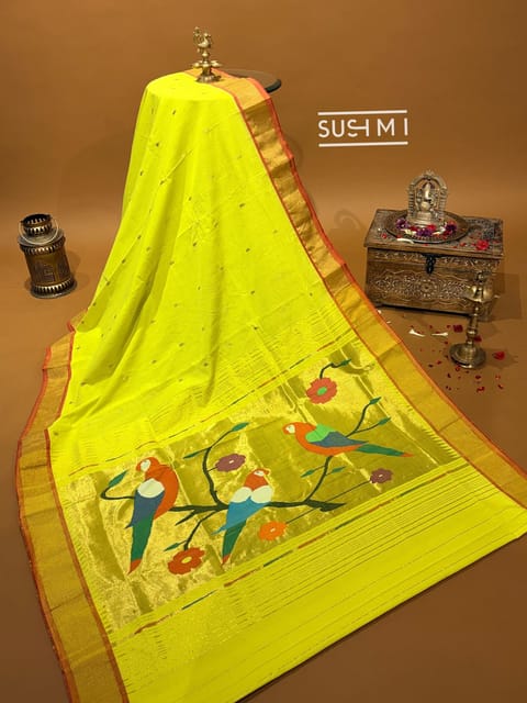 Lemon Yellow Pure Handloom Cotton Paithani Saree