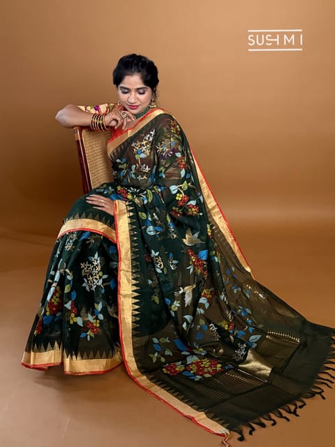 Forest Green Pure Handloom 100 Count Ponduru Khadi All-Over Jamdani Saree